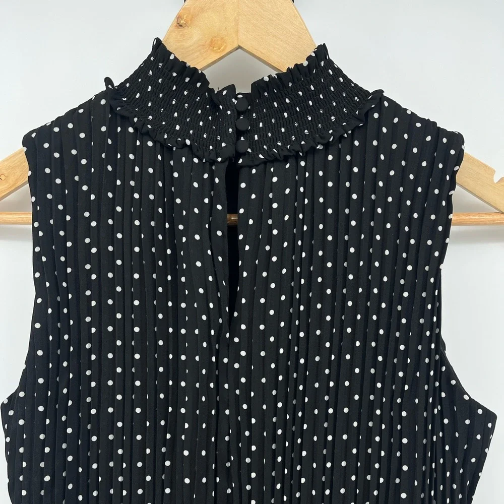 Nanette Lepore Mock Neck Sleeveless Pleated Polka Dot Dress Smocked Waist Size 4
